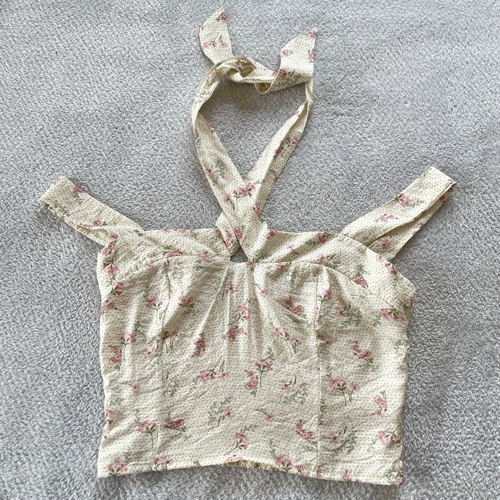 Sienna Sky 90's Floral Halter Crop Top Womens M Smocked Coquette Cottagecore - Picture 6 of 11
